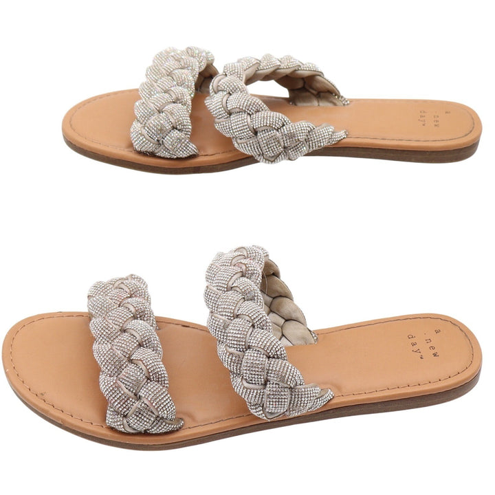 A New Day Slide Sandals Womens 8 Braided Rhinestone Silver Tan Flat Excellent