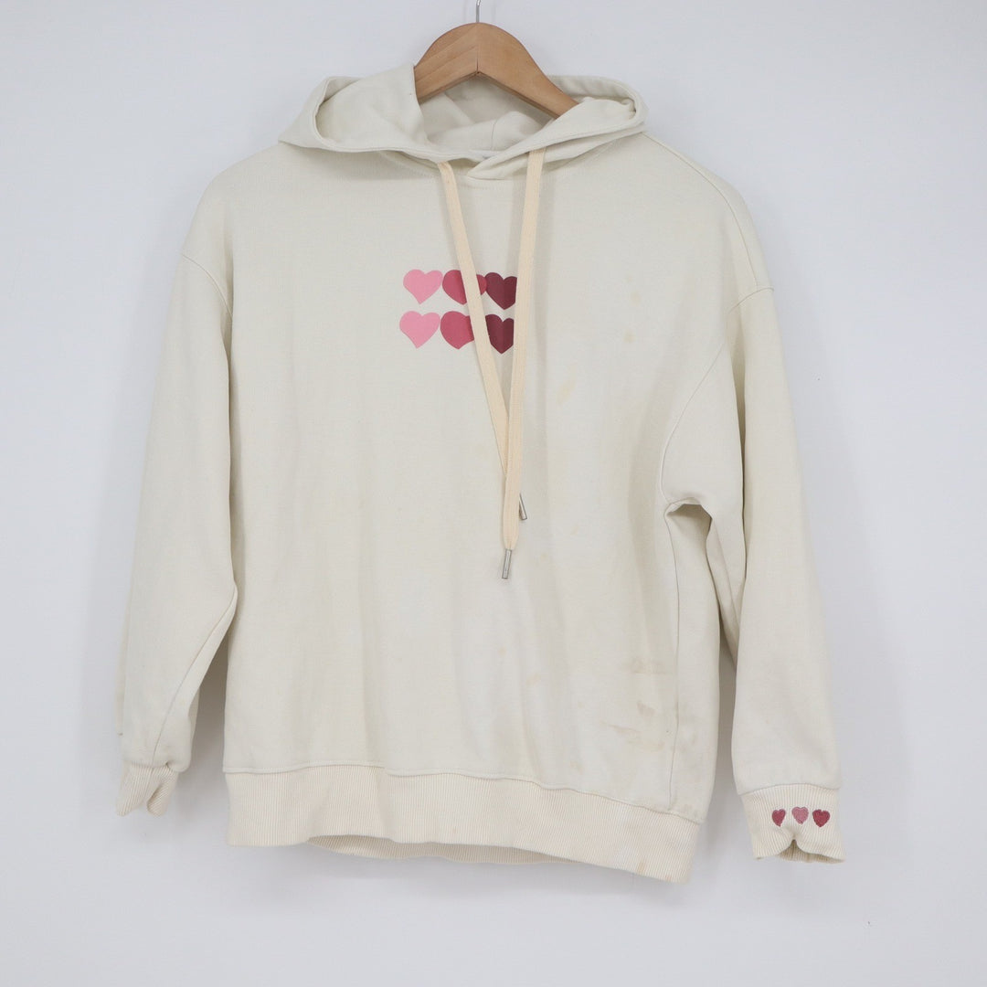 Cream Heart Graphic Pullover Hoodie Sweatshirt Pink Hearts Size M