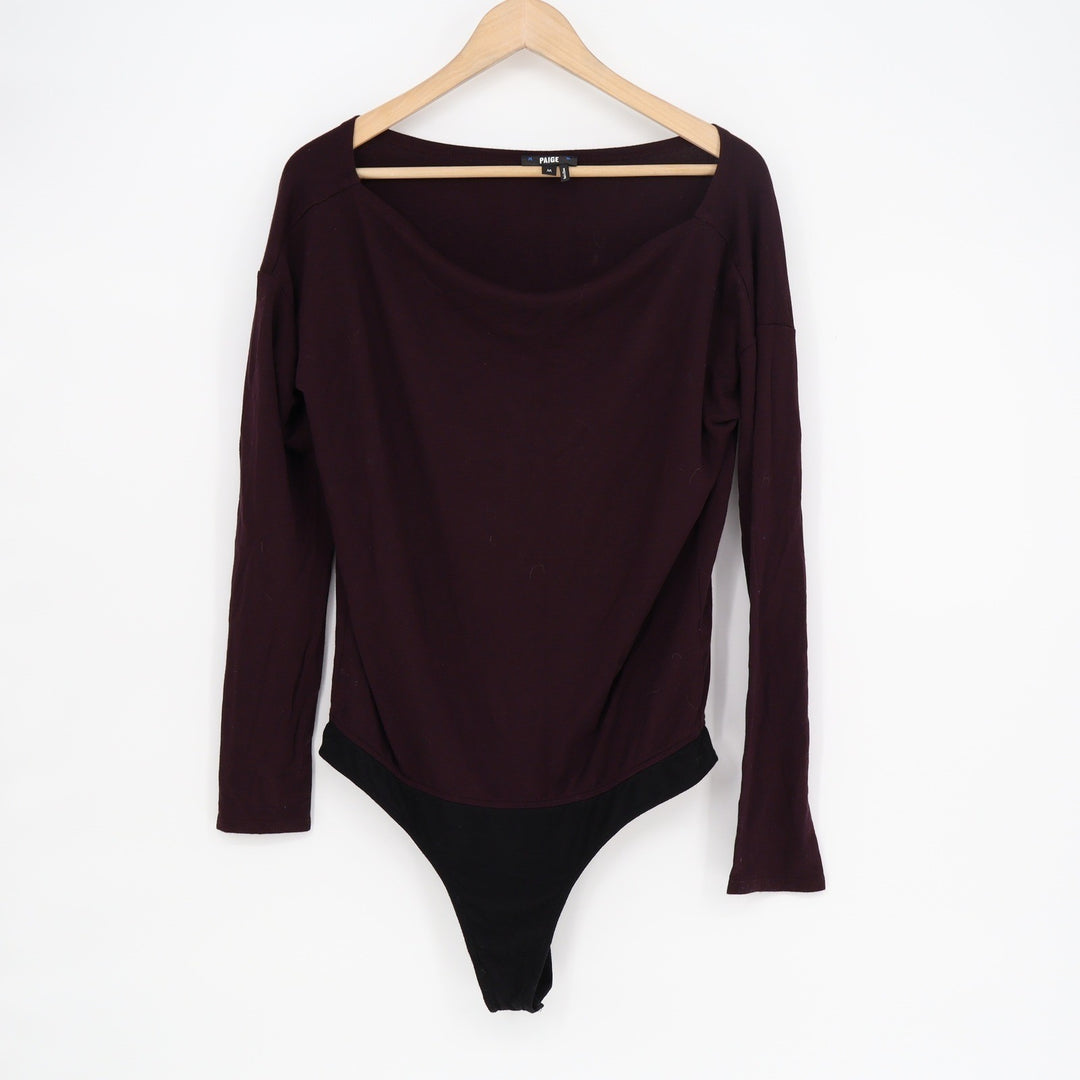 Paige Womens Long Sleeve Boat Neck Bodysuit Burgundy Purple Size M