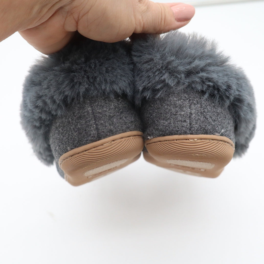 J.Crew Womens Moccasin Slippers Gray Wool Faux Fur Trim Bow Size 8 House Shoes