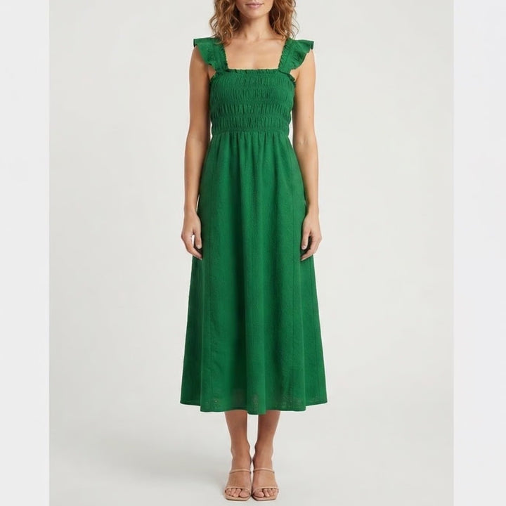 Old Navy Green Smocked Ruffle Strap Midi Dress Womens XS Square Neck Gauze
