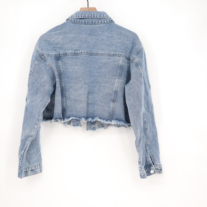 SHEIN Womens Light Wash Cropped Denim Jacket Raw Hem Blue Large