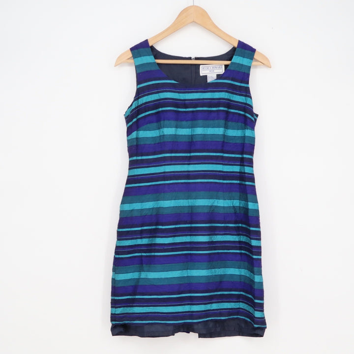 Jessica Howard Petite 100% Silk Striped Sheath Dress Teal Purple Navy Blue 6P