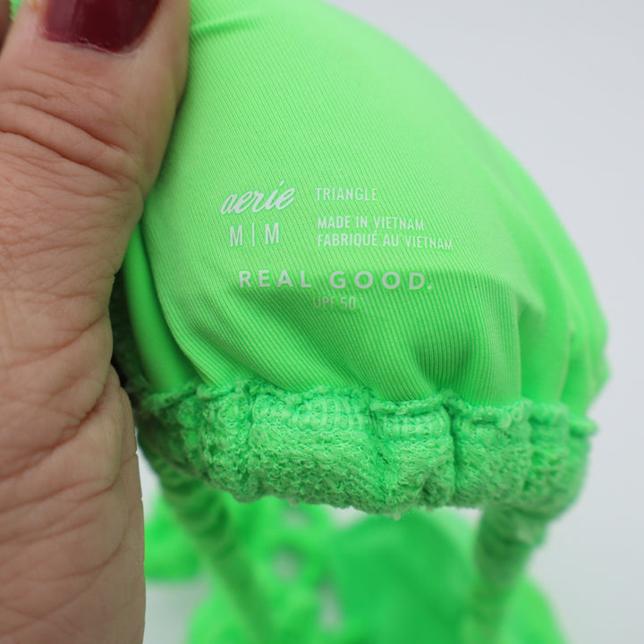 Aerie Bikini Top Womens M Triangle Neon Lime Green Floral Lace New