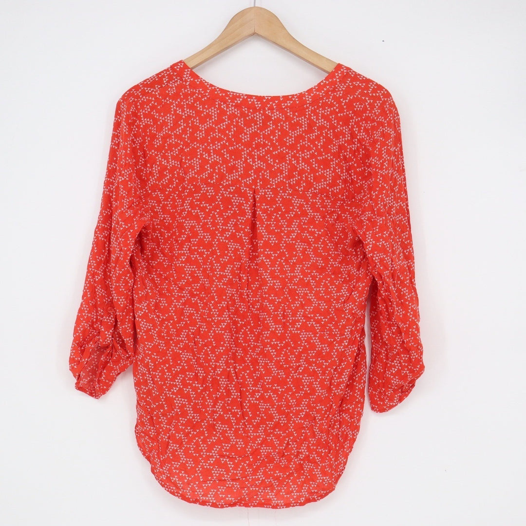 NYDJ Womens Red Geometric Print Henley Blouse 3/4 Roll Tab Sleeve Small