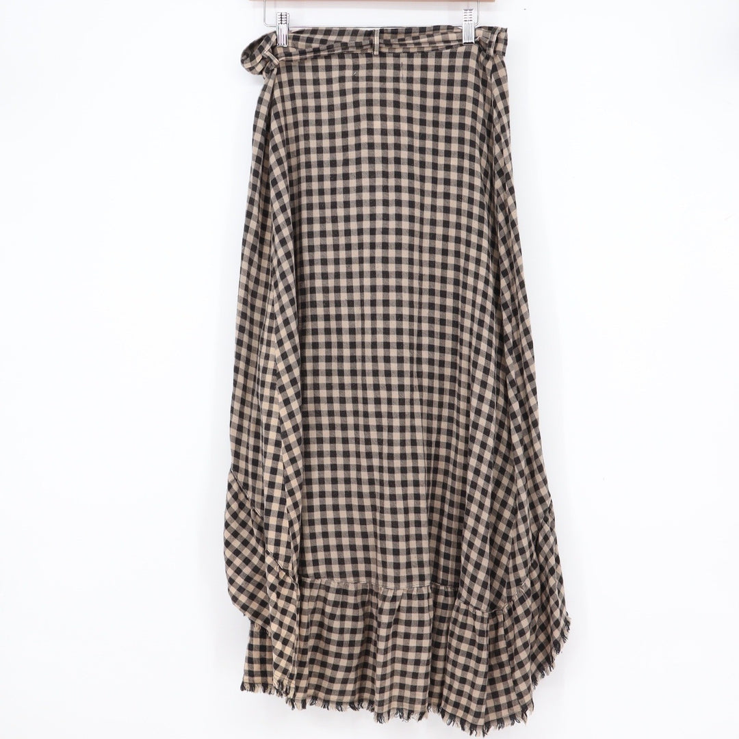 Vintage Havana Black Tan Gingham Wrap Maxi Skirt Cotton Ruffle One Size