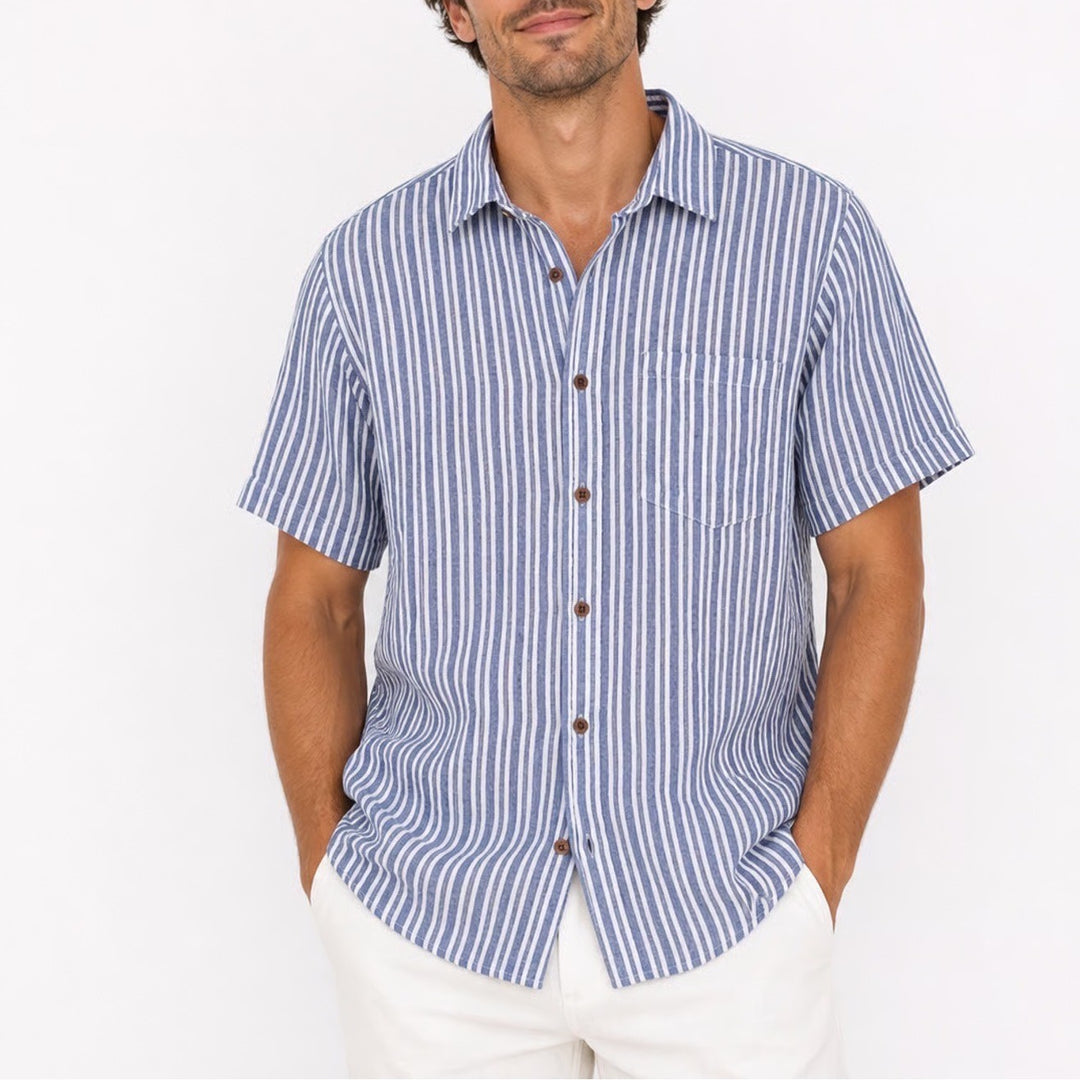 Kalpa Druma Mens Blue White Striped Short Sleeve Button Down Shirt Size L