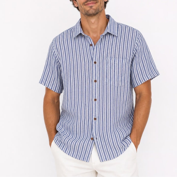 Kalpa Druma Mens Blue White Striped Short Sleeve Button Down Shirt Size L