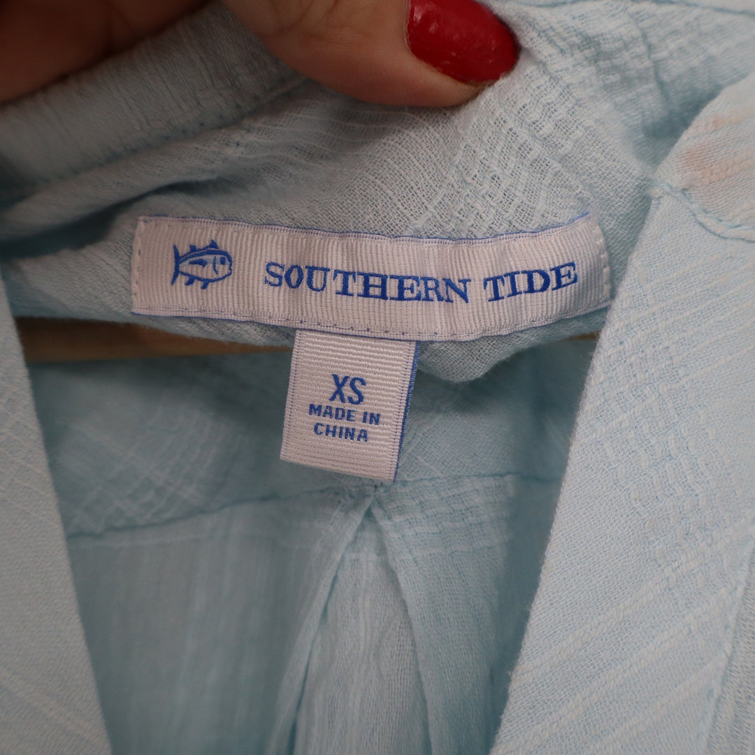 Southern Tide Womens XS Blue Cotton Gauze Lace Up Tunic Roll Tab Sleeve Shirt
