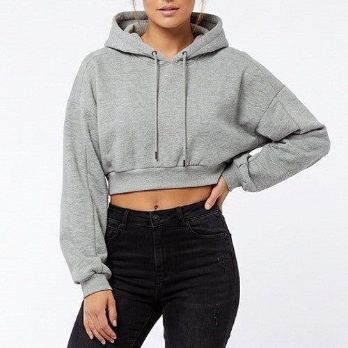 Naked Wardrobe Womens Cropped Hoodie Gray Fleece Lined Sweatshirt L