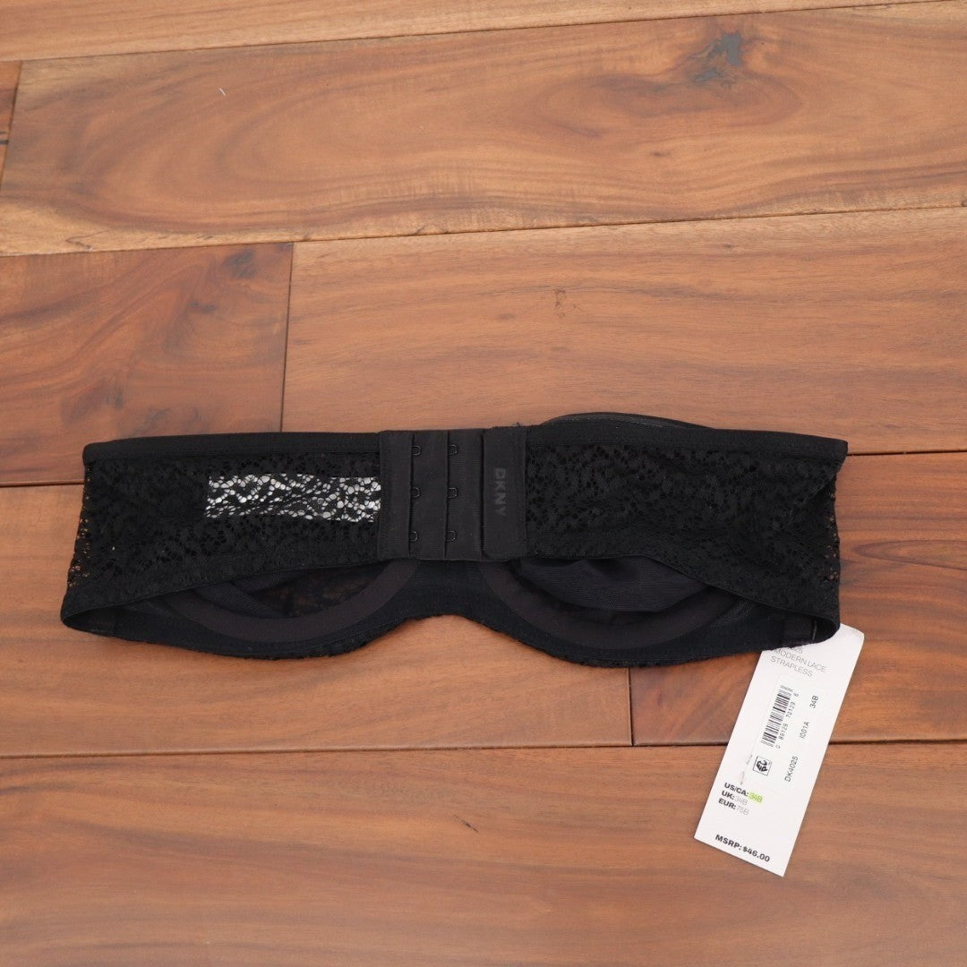 DKNY Modern Lace Unlined Strapless Bra Womens 34B Black Nylon Underwire Cups