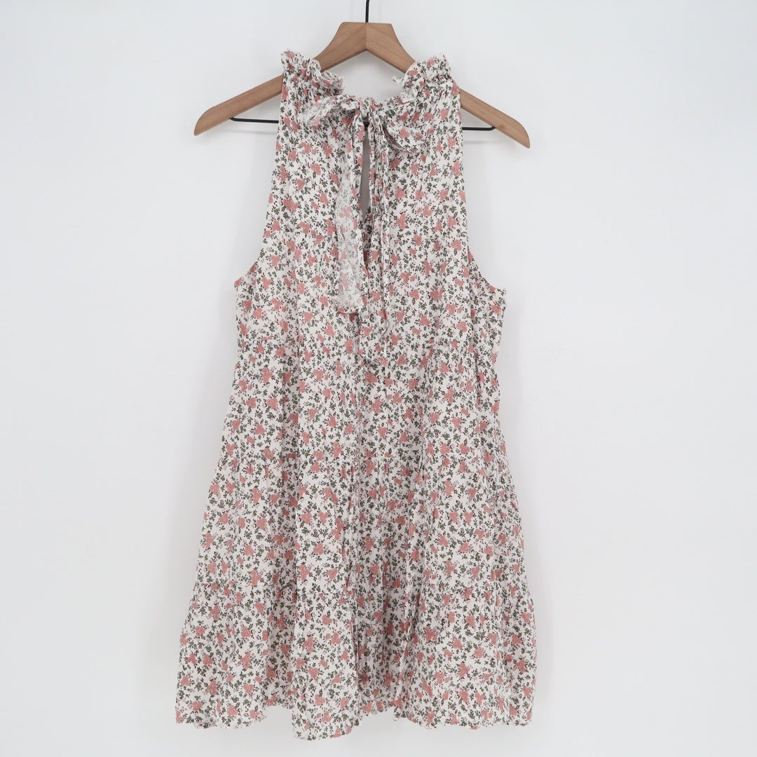 Aura Pink Floral Halter Mini Dress Tiered Babydoll Large