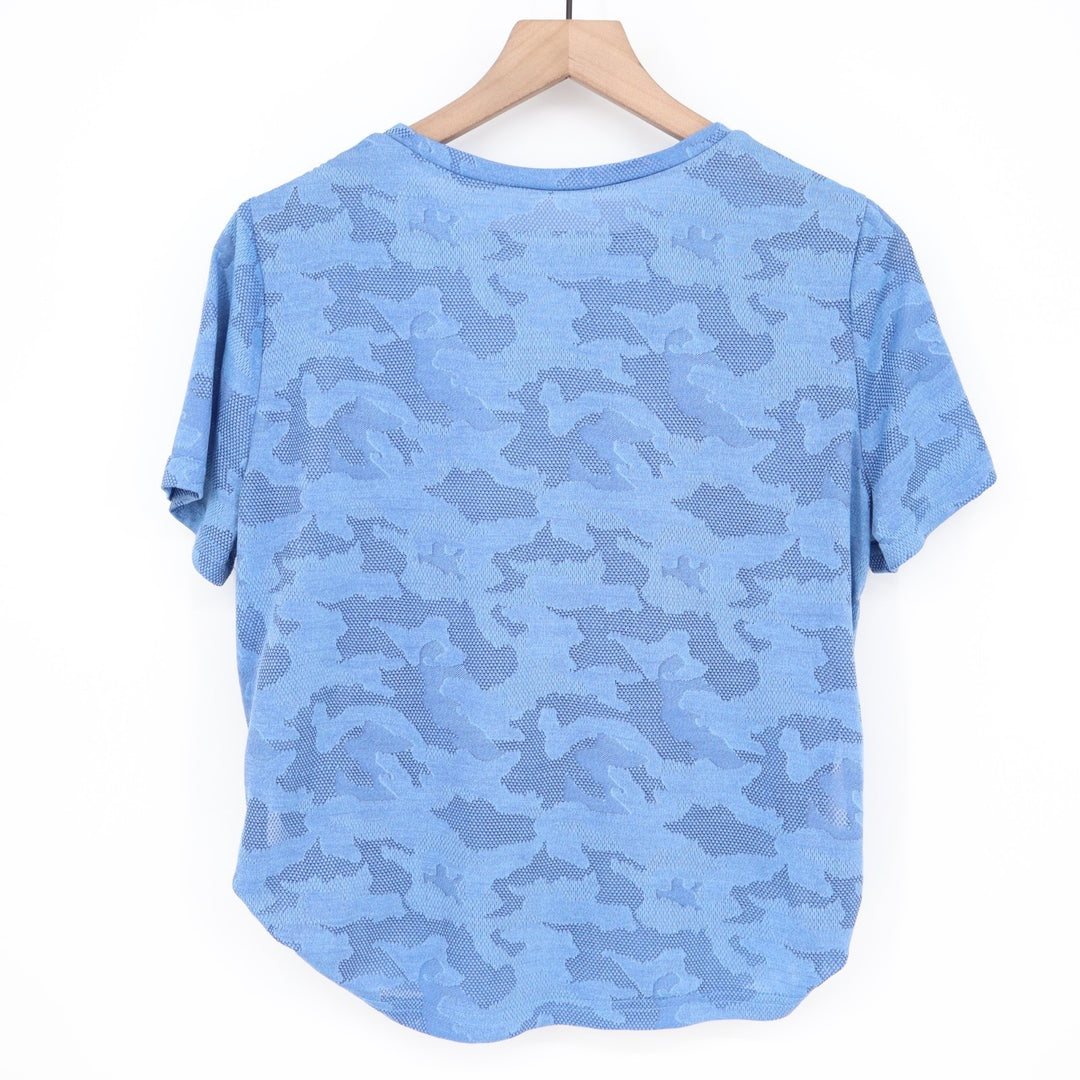 SheIn Easithlete T-Shirt Womens Large Blue Camo Short Sleeve Crew Neck Pullover