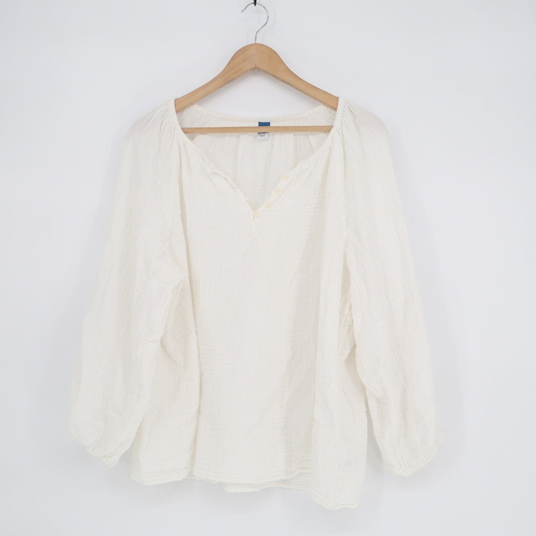 Old Navy Womens XL White Cotton Gauze Long Sleeve Button Split Neck Blouse Top