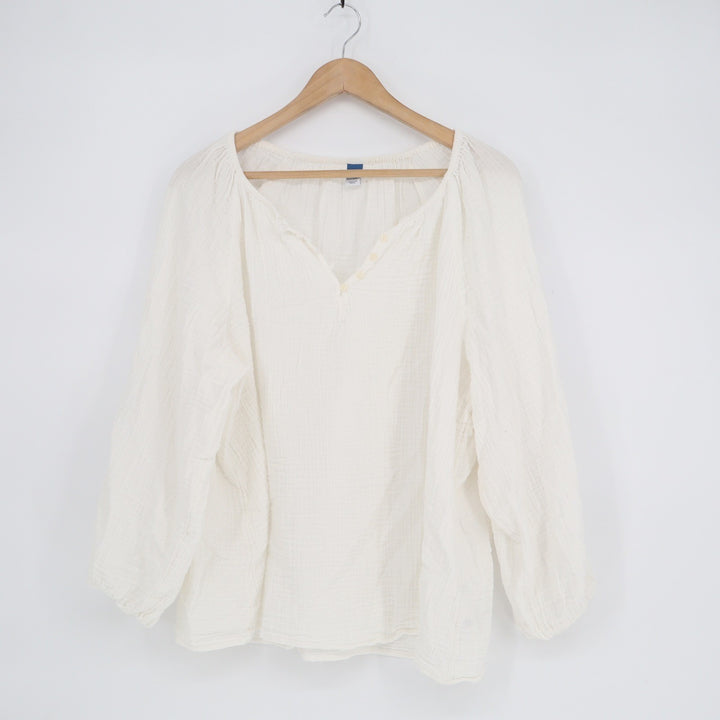 Old Navy Womens XL White Cotton Gauze Long Sleeve Button Split Neck Blouse Top