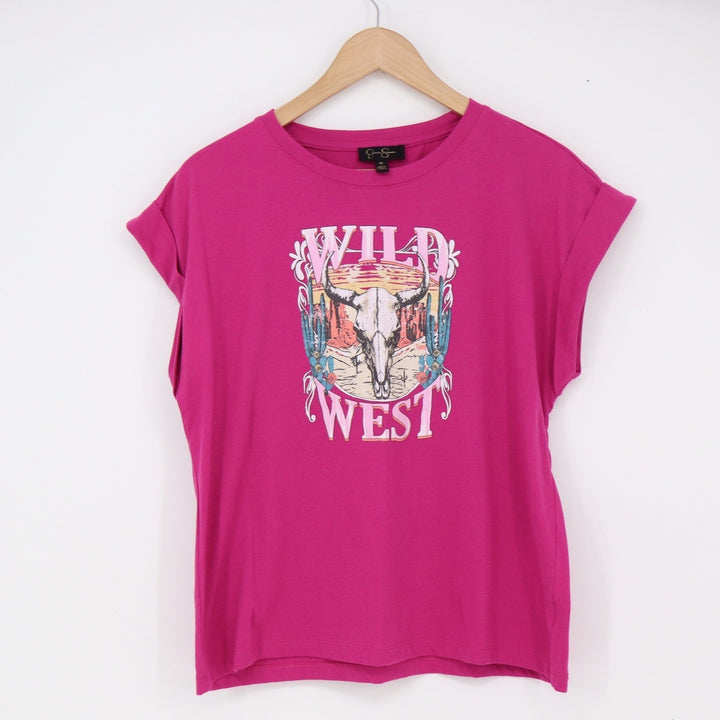 Jessica Simpson Graphic Tee Womens M Wild West Pink Cuffed Cap Sleeve Excellent