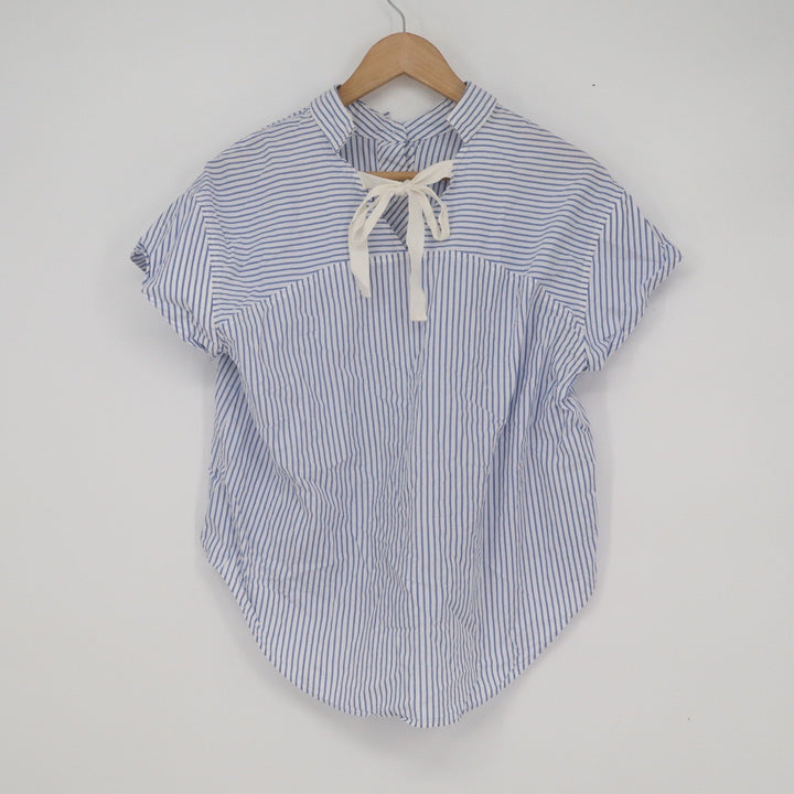 Mango Casual Blue White Striped Cotton Tie Back Short Sleeve Blouse Size 2 XS
