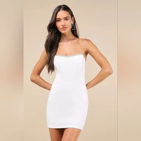 Lulus Sparkly Finesse White Rhinestone Strapless Bustier Mini Dress Size S