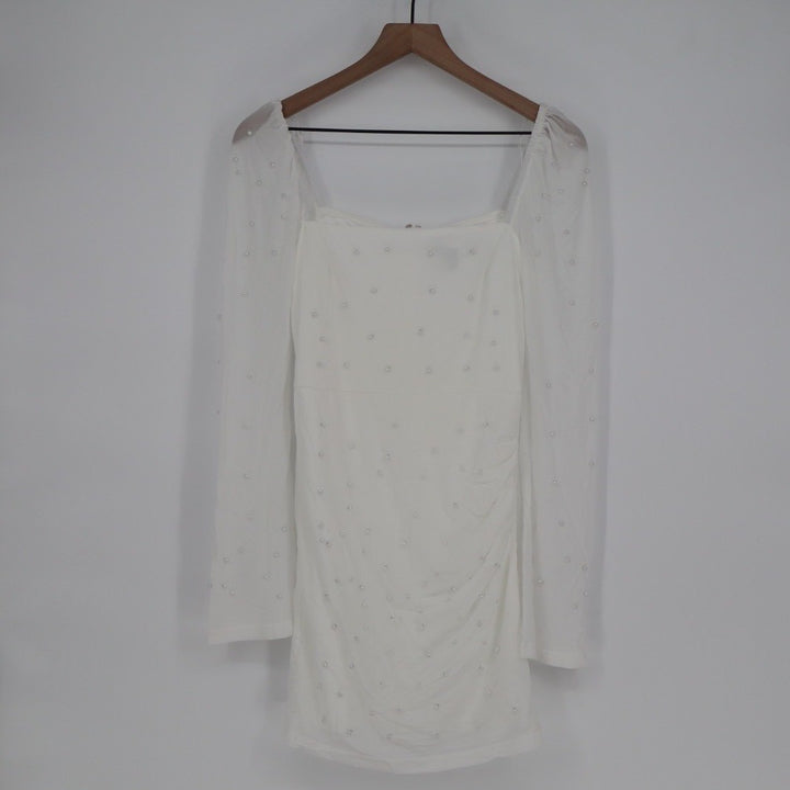 Lulus Admirably Divine Mini Dress Womens Small White Mesh Pearl Long Sleeve