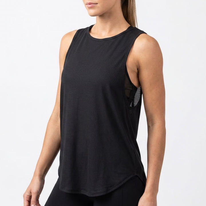 Zyia Active Composition Tank Top Women L Black Ribbed Knit Round Neck Curved Hem