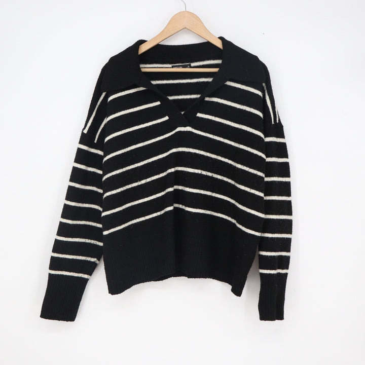 Simply Vera Vera Wang Black White Striped Polo Collar Sweater XL Cashmere Blend