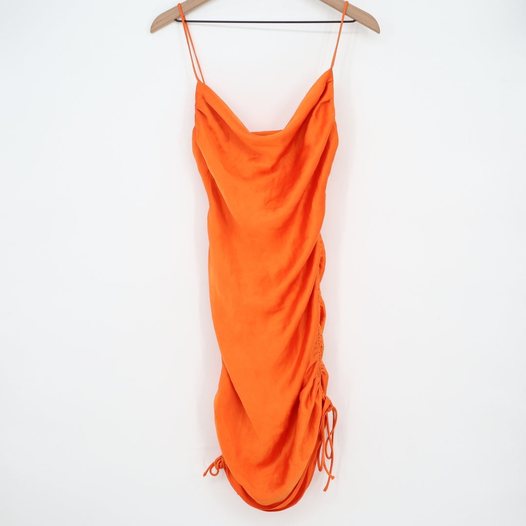 Zara Orange Cowl Neck Ruched Satin Mini Dress Small Sleeveless Side Drawstring