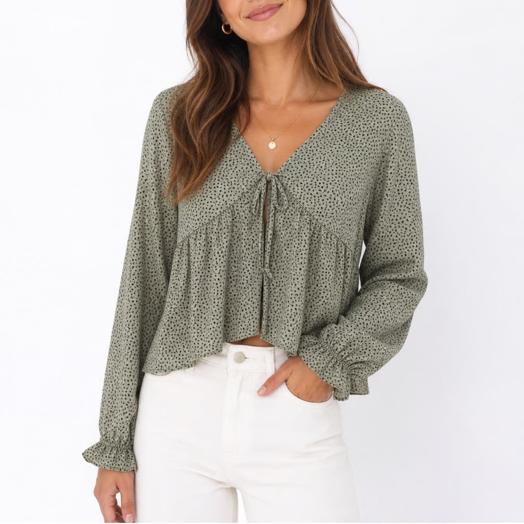 SHEIN Sage Green Polka Dot Tie Front Peplum Blouse Long Sleeve Ruffle Cuff L