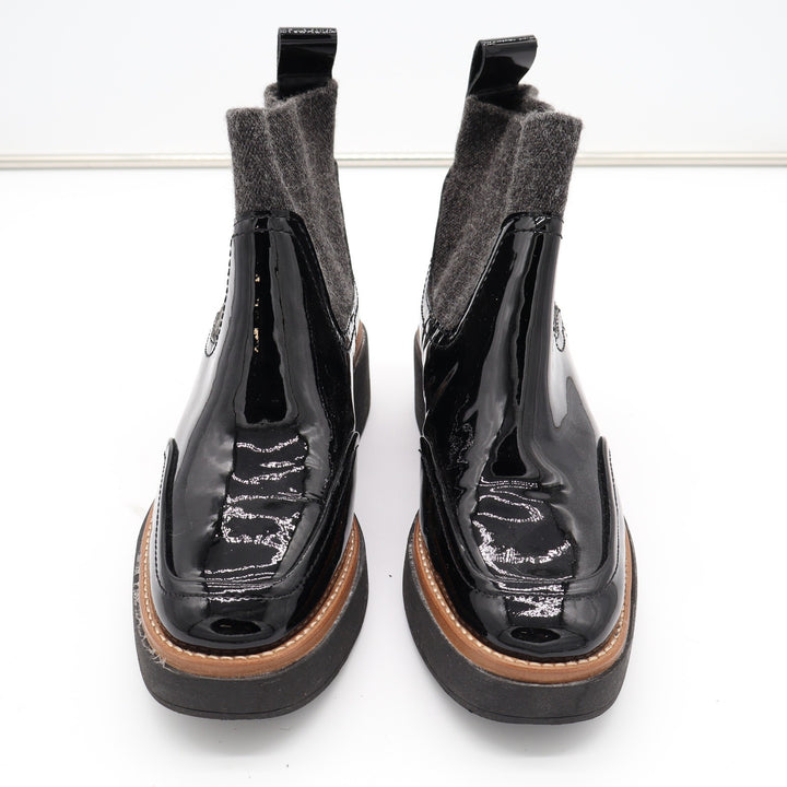 Dolce Vita Black Patent Leather Sock Chelsea Platform Boots Grey Knit Size 6