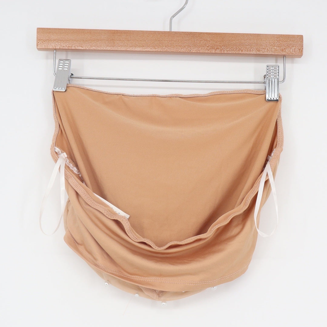 SHEIN Tan Mesh Pearl Draped Cowl Neck Tube Top XS