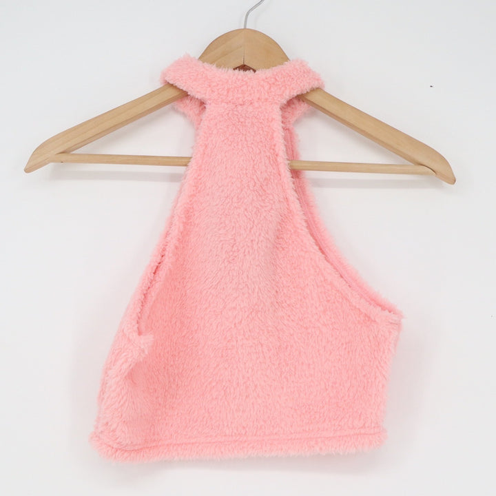 SHEIN EZwear Pink Faux Fur Halter Crop Top XS Teddy Fuzzy High Neck