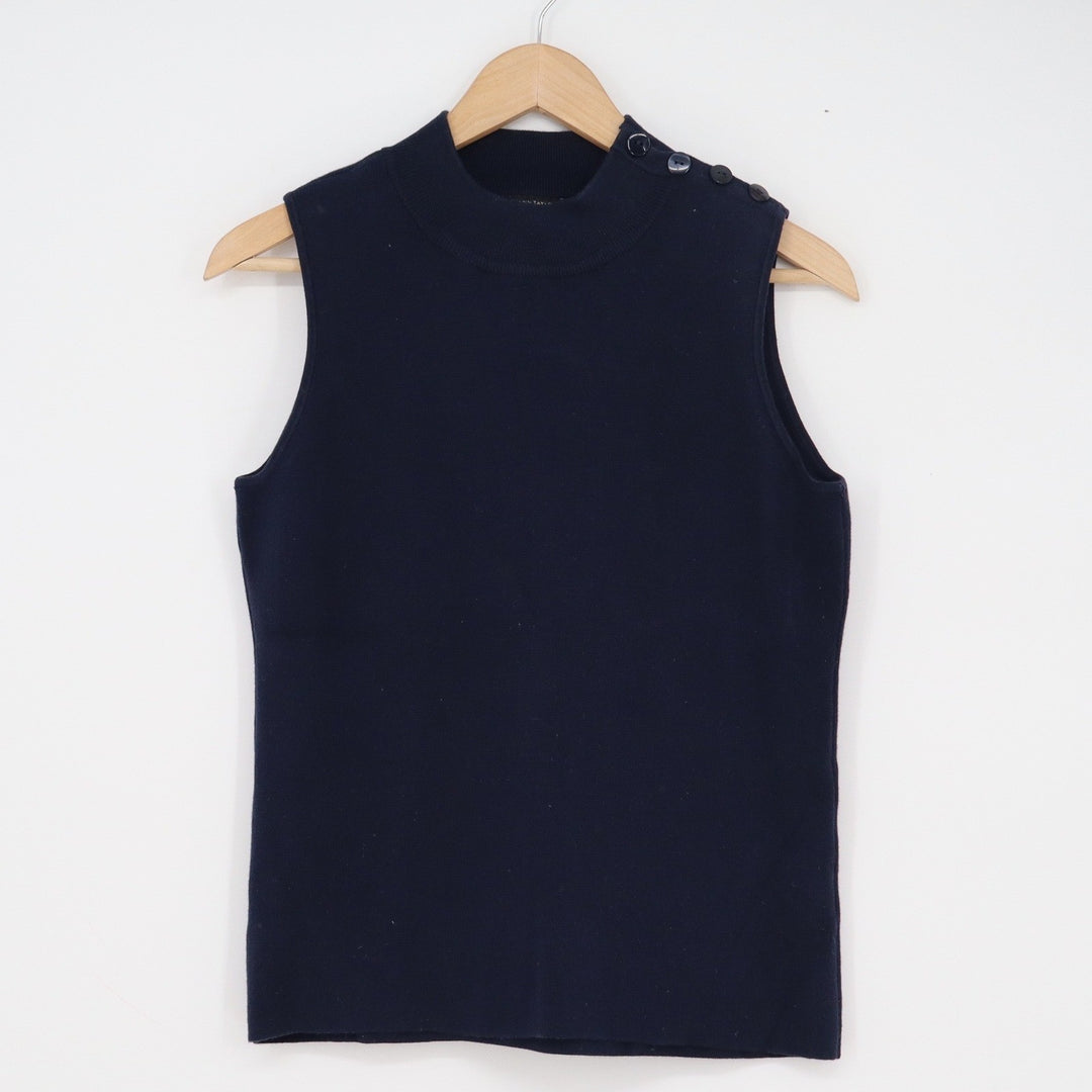 Ann Taylor Factory Navy Blue Mock Neck Sleeveless Knit Top Button Shoulder M