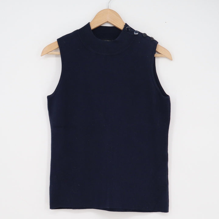 Ann Taylor Factory Navy Blue Mock Neck Sleeveless Knit Top Button Shoulder M