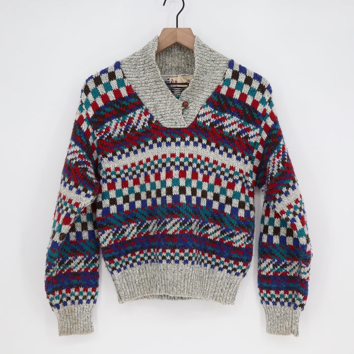 Vintage Applause Fair Isle Shawl Collar Sweater Grey Multi Geometric Knit Medium