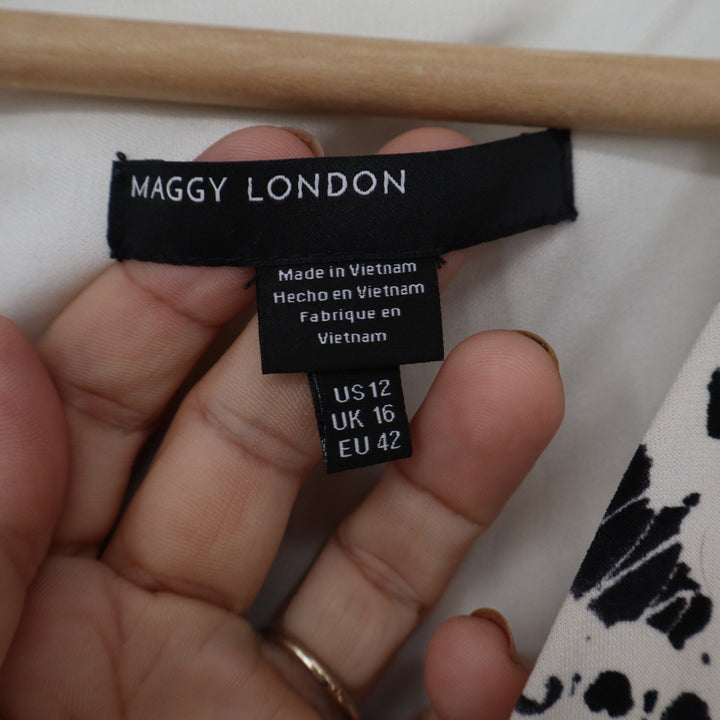 Maggy London Womens Size 12 Black White Damask V-Neck Cap Sleeve Midi Dress