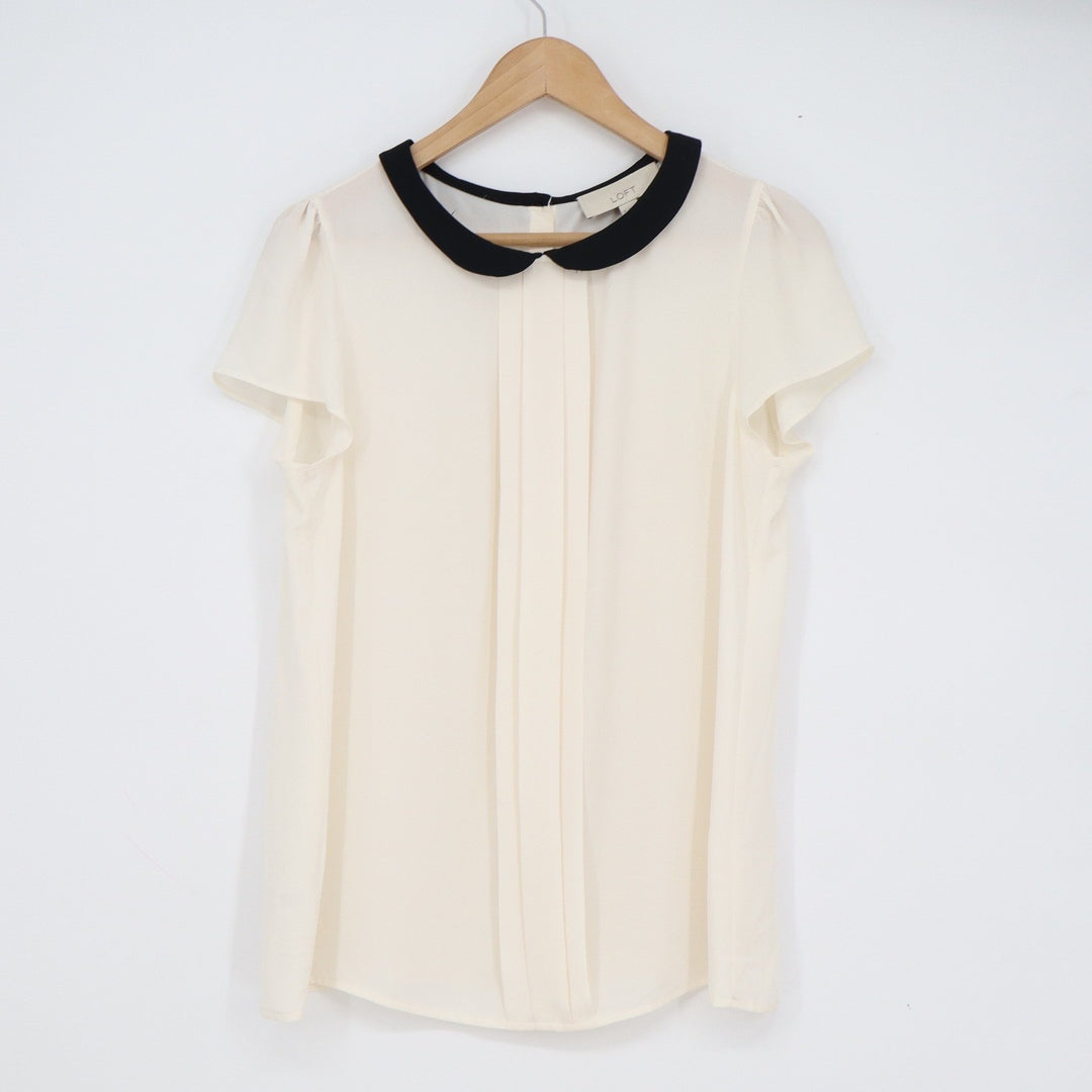 Ann Taylor Loft Cream Black Peter Pan Collar Pleated Blouse Short Sleeve M