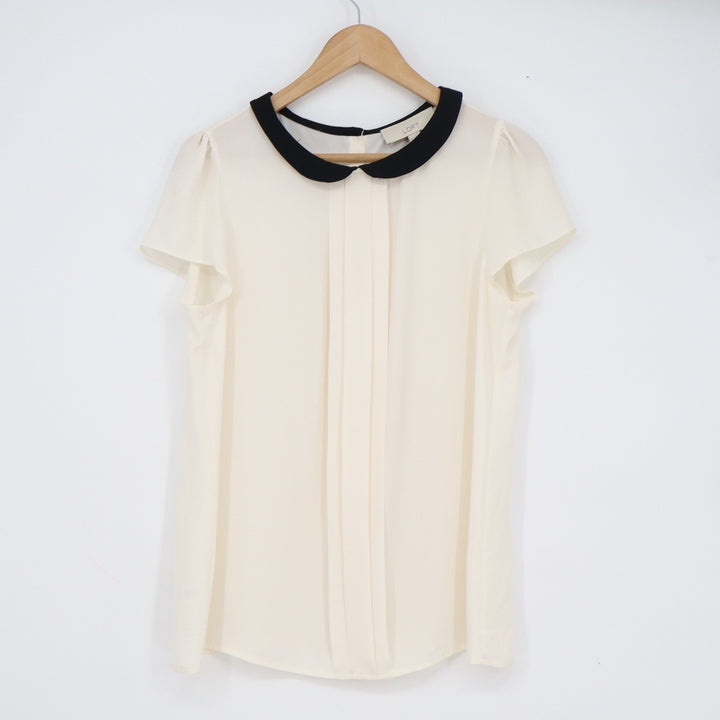 Ann Taylor Loft Cream Black Peter Pan Collar Pleated Blouse Short Sleeve M