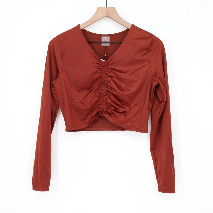 CALIA Womens Ruched Long Sleeve Rashguard Red Brown Shine UPF 50+ M