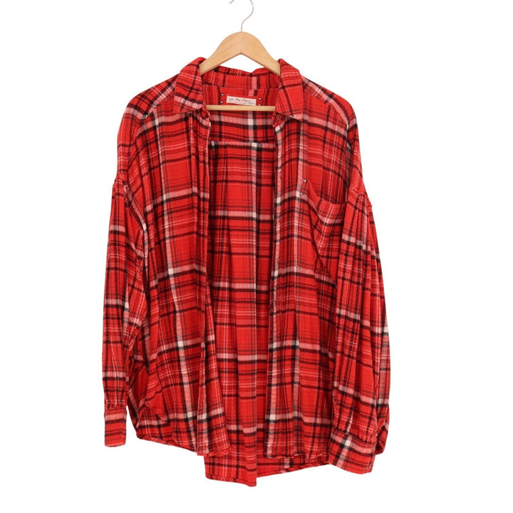 Free People We The Free Flannel Shirt Womens Small Red Plaid Viscose Button Up