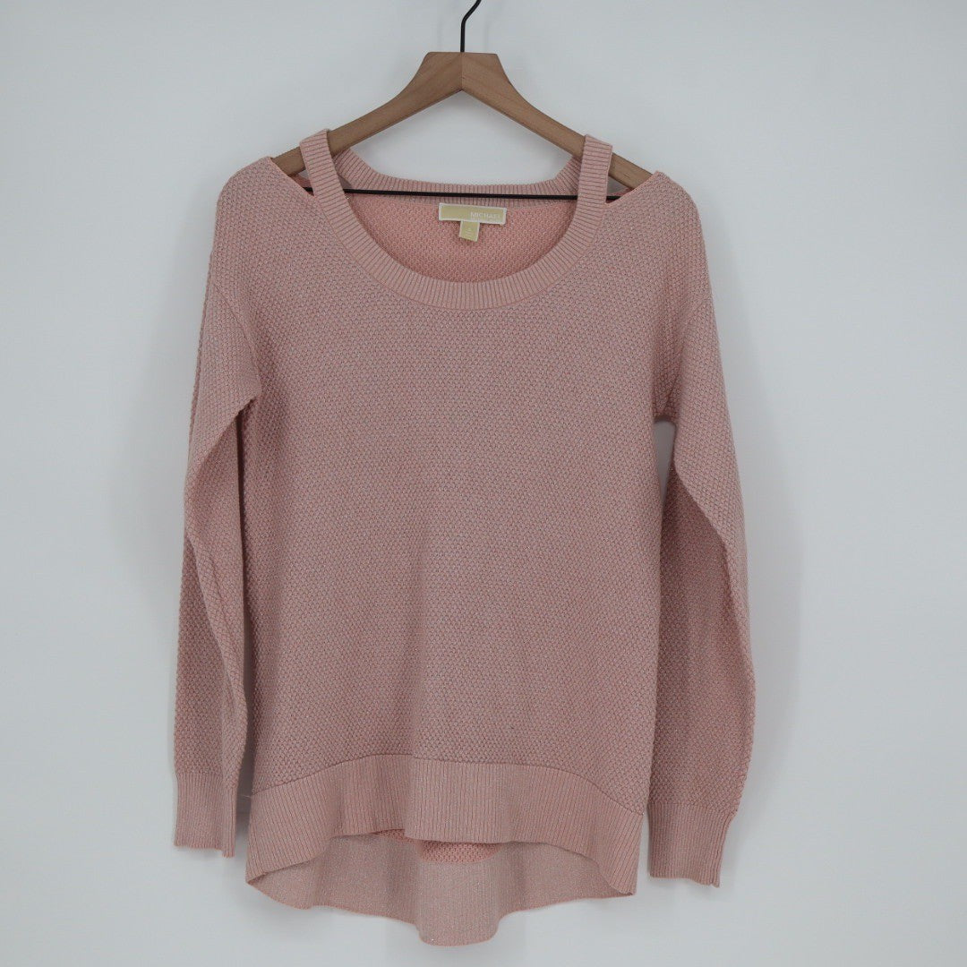 Michael Kors Pink Cold Shoulder Sweater Metallic Knit Pullover Size S