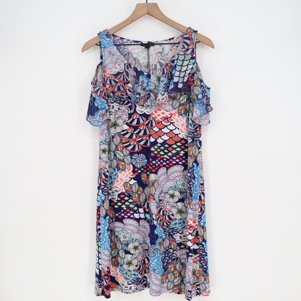 Roz Ali Cold Shoulder Ruffle Dress Medium Floral Print Blue Pink Green
