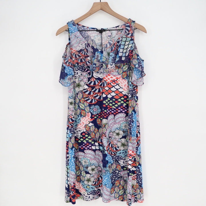 Roz Ali Cold Shoulder Ruffle Dress Medium Floral Print Blue Pink Green