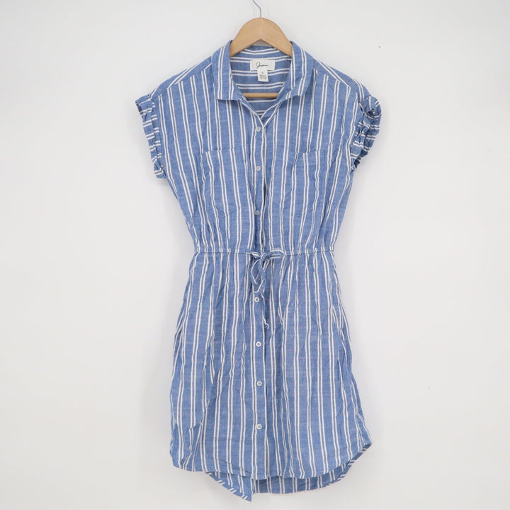 Japna Womens Blue White Striped Button Front Shirt Dress Small Short Sleeve S