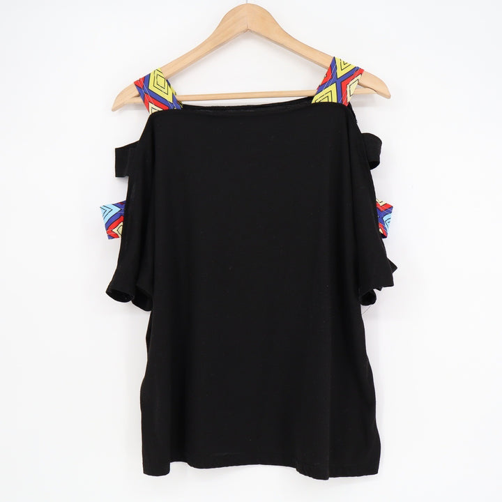 Black Cold Shoulder Cutout Top Geometric Print Straps Short Sleeve Large JKB392