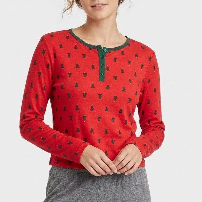 Roudelain Pajama Shirt Womens M Red Tree Print Stretch Long Sleeve Round Neck