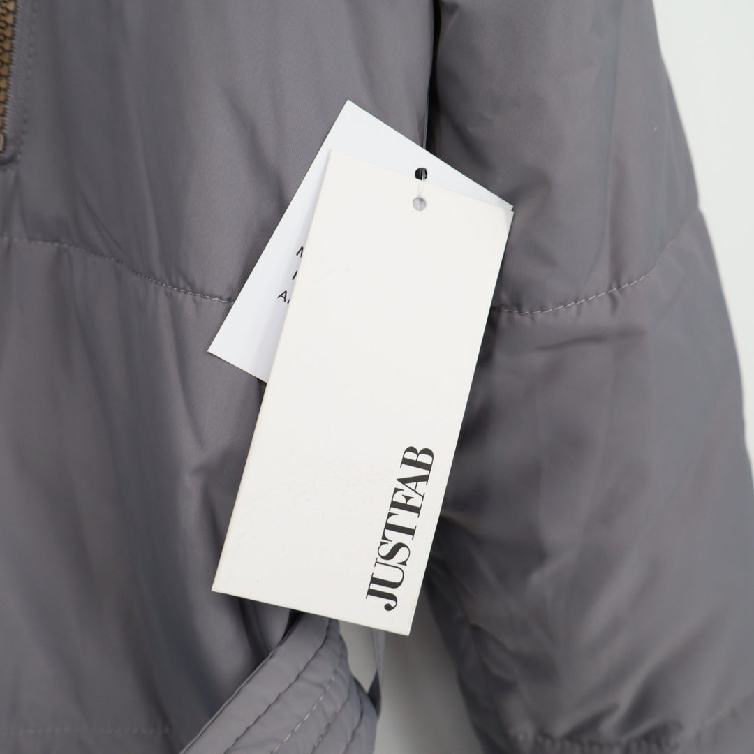 JustFab Puffer Coat Women's Large Gray Belted Faux Fur Hood Winter Full Zip Long