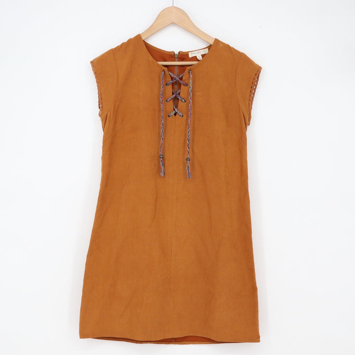 love FIRE Dress Women's M Cognac Faux Suede Lace Up Tassel Excellent