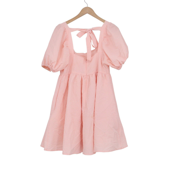 Mable Pink Textured Puff Sleeve Babydoll Mini Dress Square Neck Tie Back L