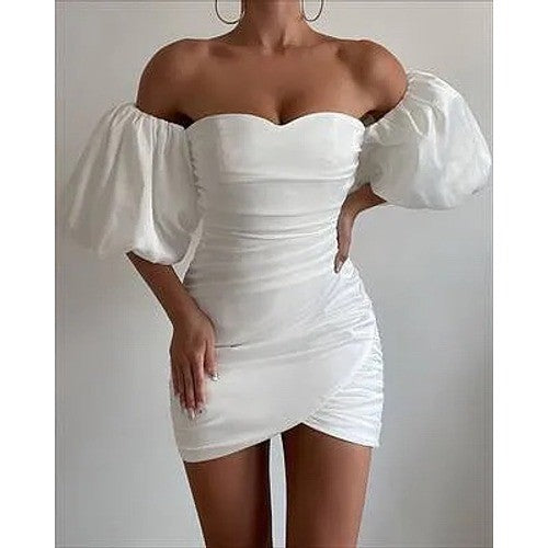 Showpo Betty Mini Dress Off Shoulder Puff Sleeve Gathered White Size 16