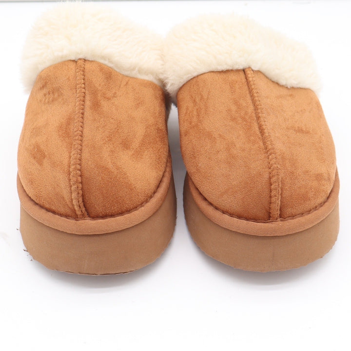Chestnut Faux Suede Platform Slippers Faux Fur Lined Mule Clogs Women Size 9