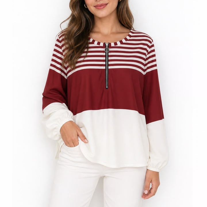 Shein Curve 4XL Burgundy White Striped Quarter Zip Colorblock Sweatshirt Ring